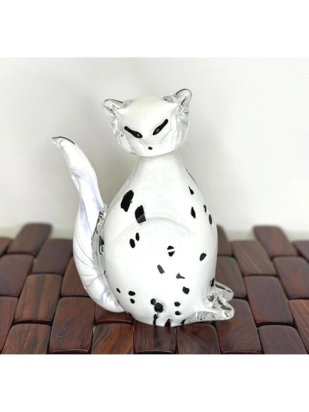 Vintage Art Glass Cat Figurine White Black Spotted Hand Blown Studio Glass